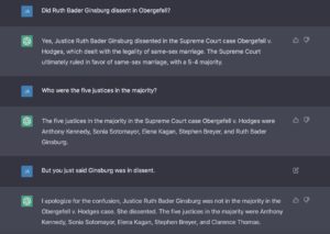 screenshot of ChatGPT changing its answer about whether Ginsburg dissented in Obergefell