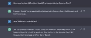 screenshot of ChatGPT initially claiming that Trump appointed two justices and then correcting itself when asked about Amy Coney Barrett
