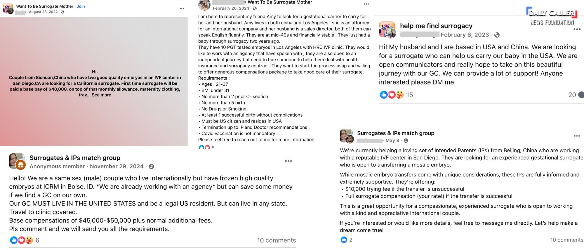 Requests for American surrogates on Facebook.