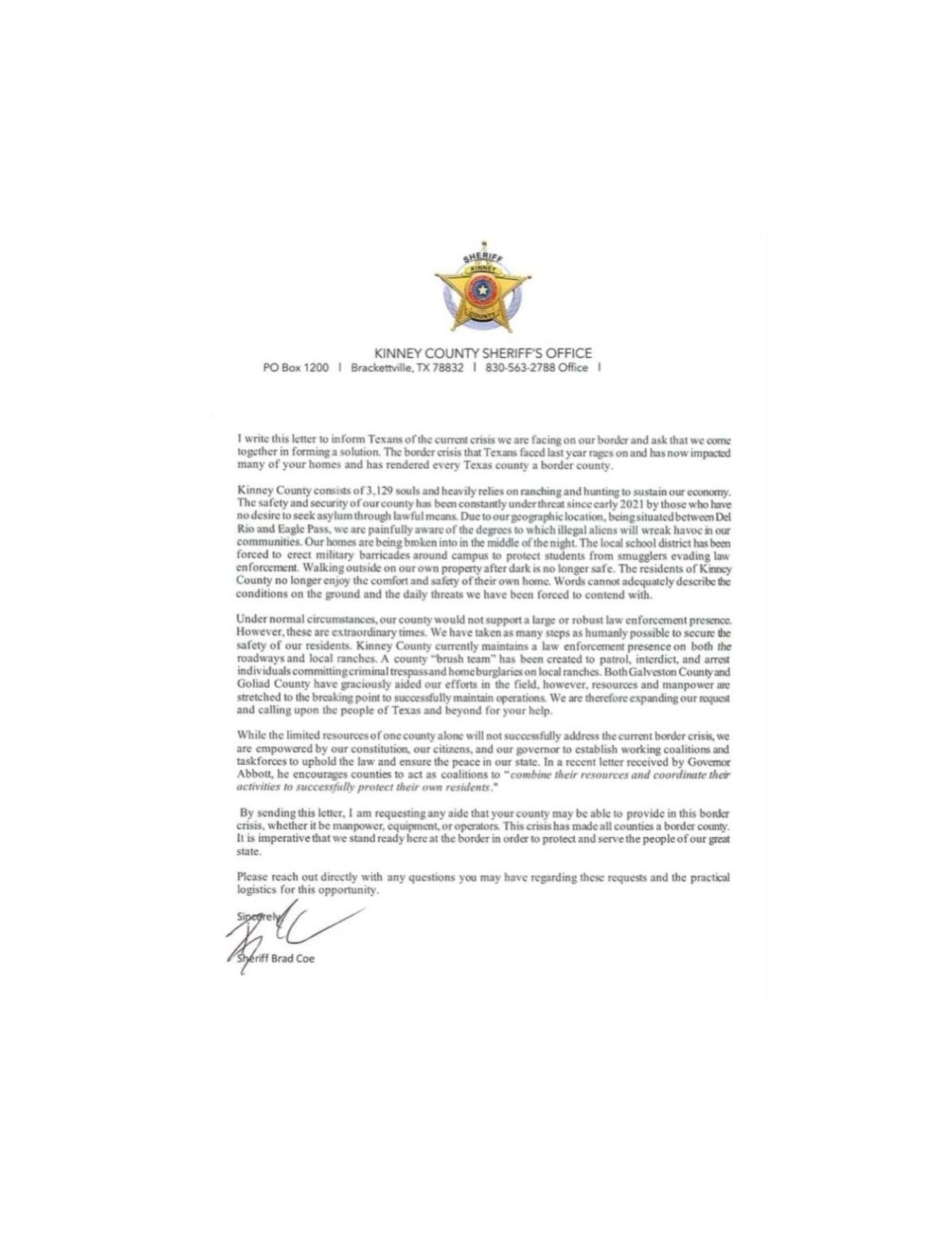 Kinney County sheriff letter
