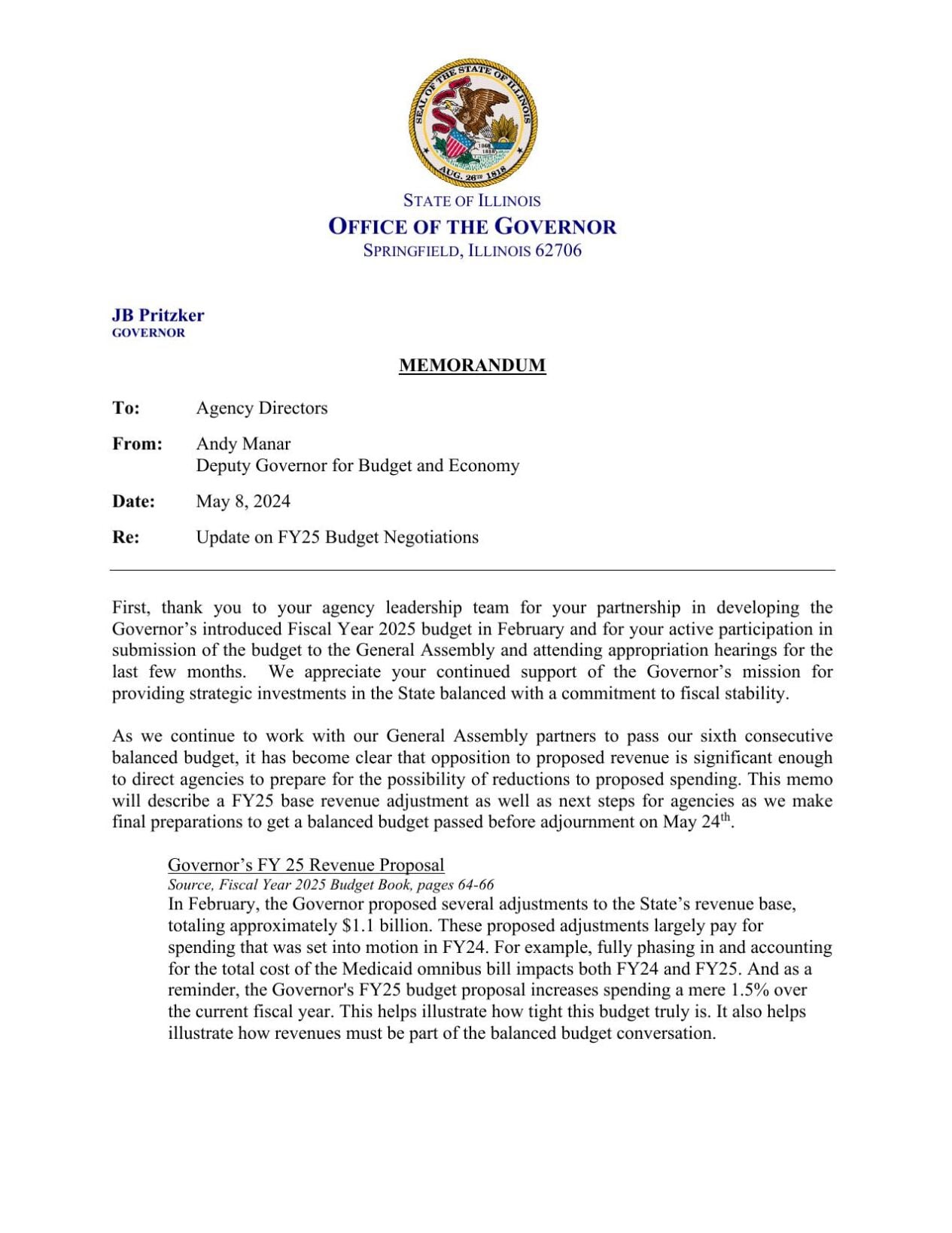TCS - Pritzker administration memo to state agencies