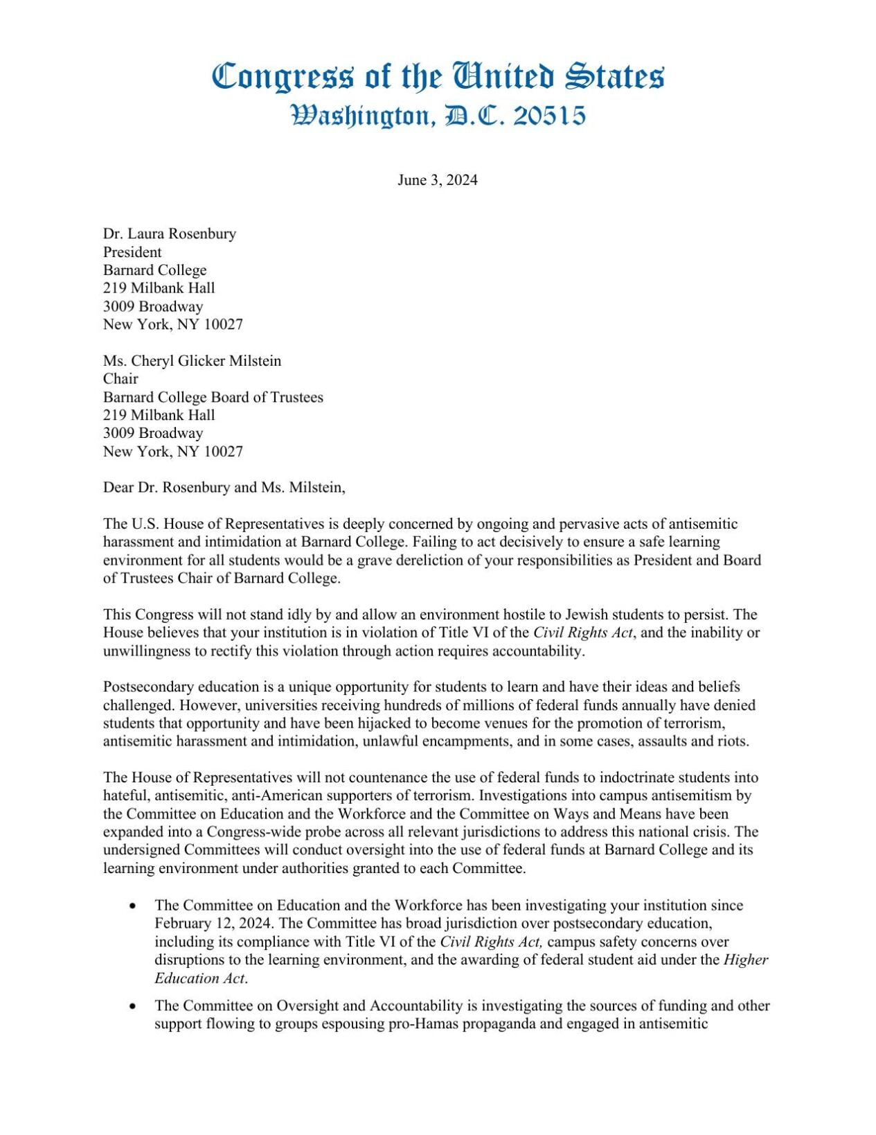 10 Colleges Letters From Congress