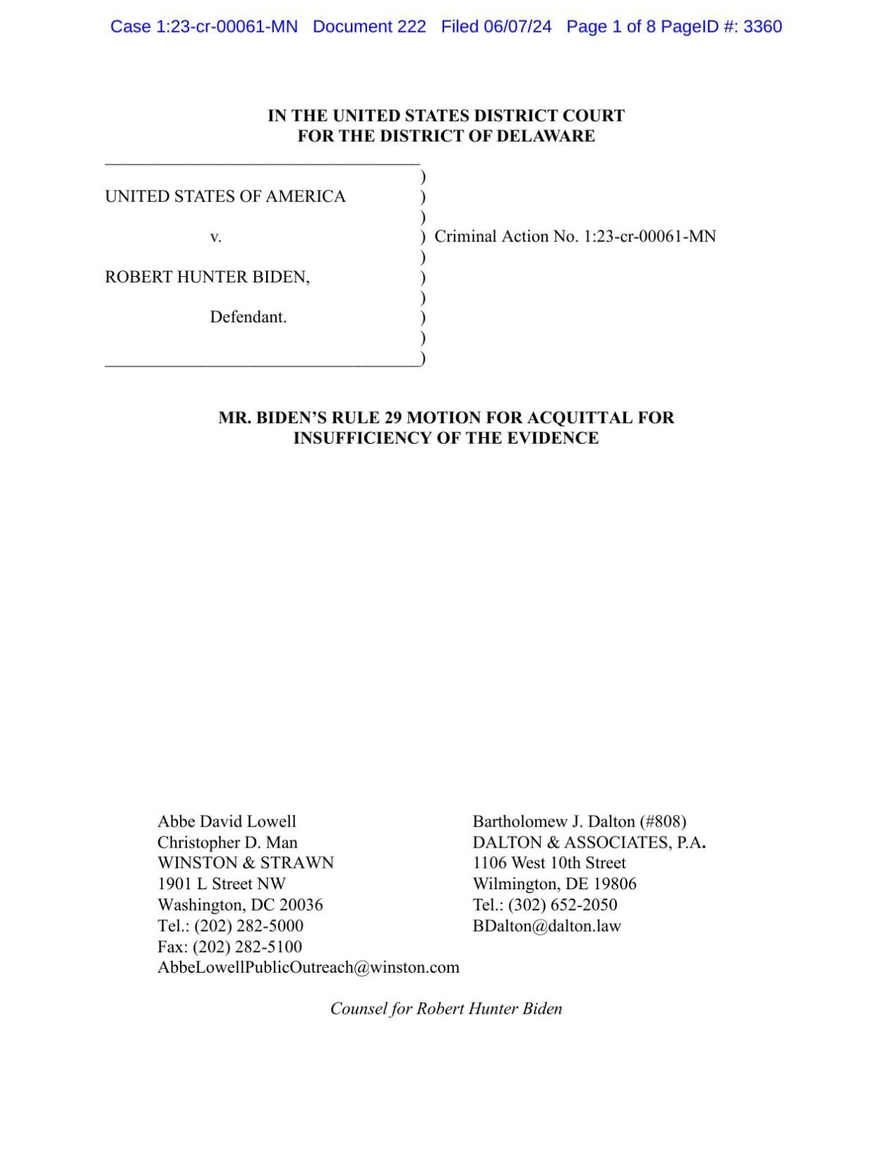 MR. BIDEN’S RULE 29 MOTION FOR ACQUITTAL FOR INSUFFICIENCY OF THE EVIDENCE 6-7-24