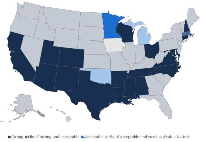 Map from NCTQ, showing the quality of teacher licensure tests in each state.