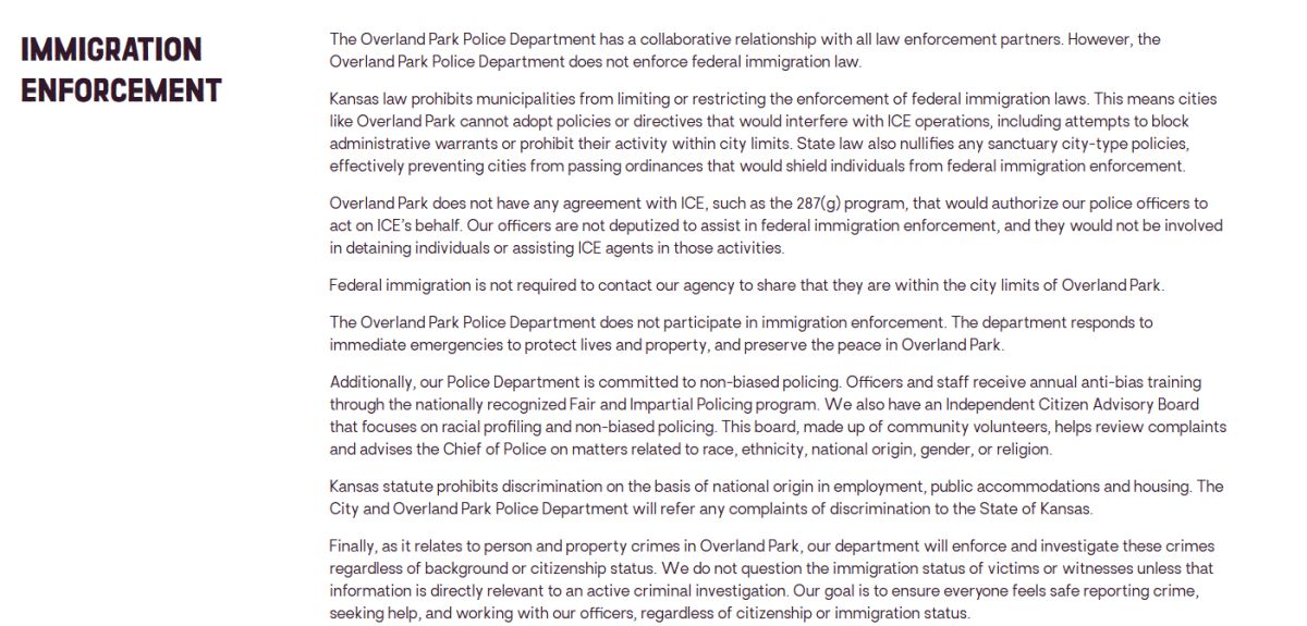 Overland Park says it doesn't enforce immigration law.